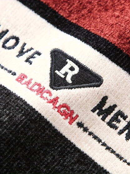 Temujin Men'S Winter Round Neck Sweater with Fleece, Knitted with Embroidered Stripes And Casual Letters for Warmth And a Fitted Style