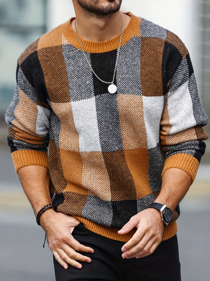Men'S Casual Plaid Crew Neck Knit Sweater | Loose Fit, Long Sleeve, Fashionable Color Block Design, Suitable for Fall/Winter