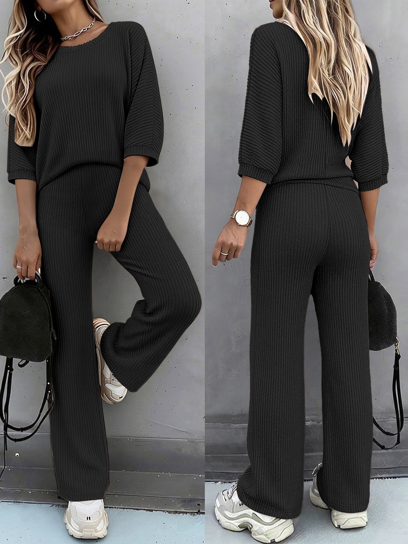 A Two-Piece Set Featuring a Solid Color Batwing Short-Sleeve T-Shirt with a Round Neck And Casual Wide-Leg Stretchy Pants - ayq