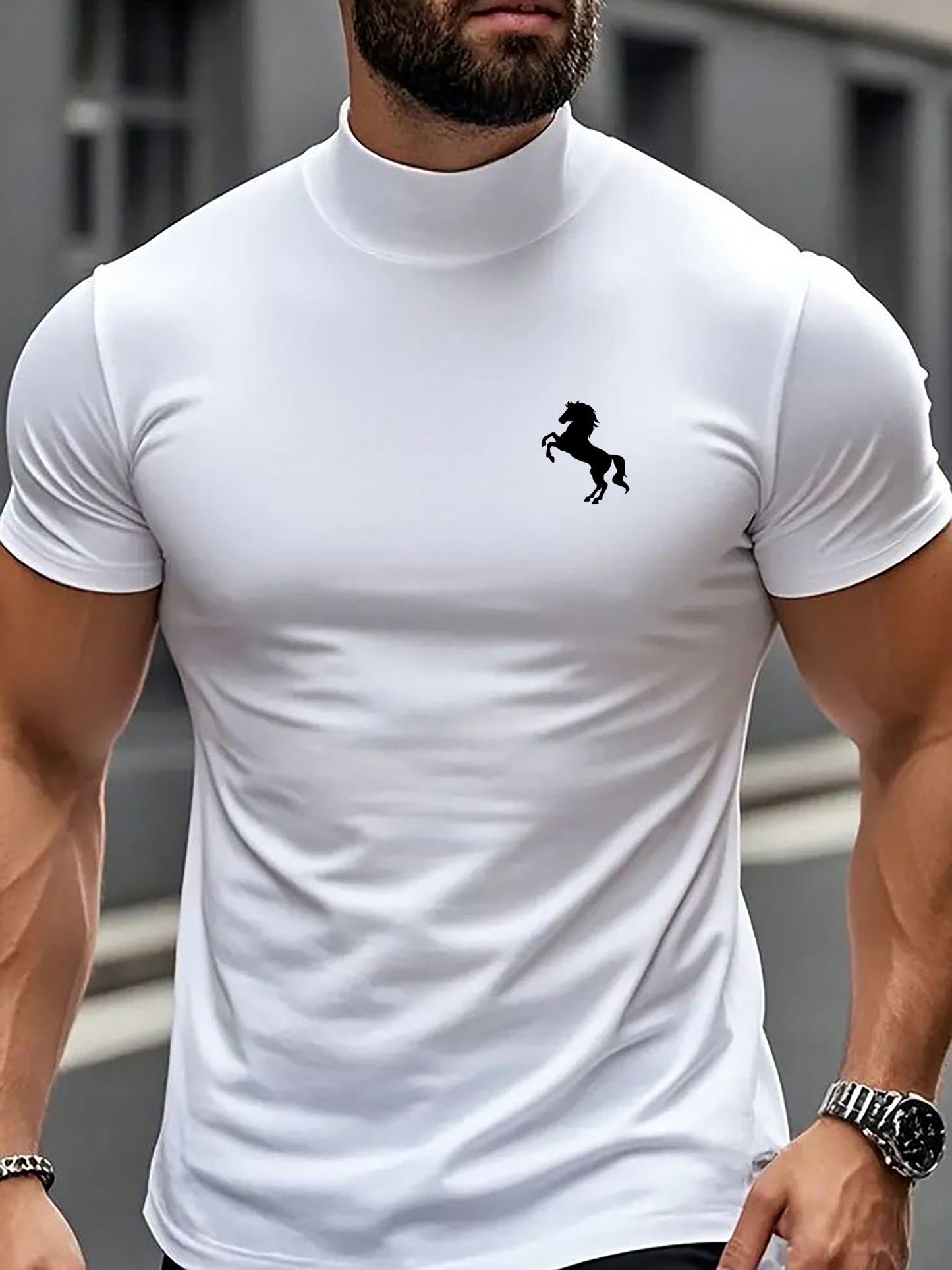 Men's Casual High Neck Short Sleeve T-Shirt with Geometric Pattern - ayq