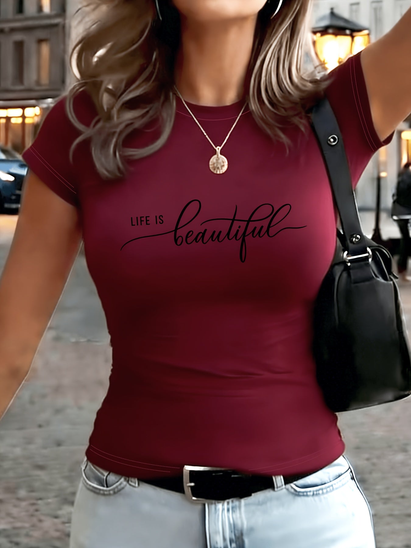 Slim Fit LIFE IS Beautiful Letter Print T-Shirt for All Seasons - ayq
