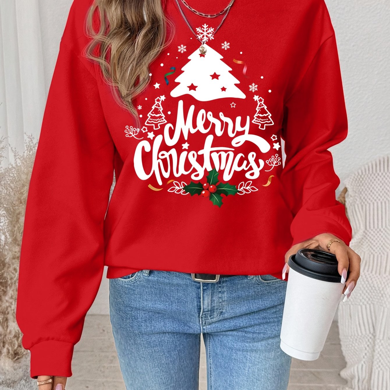 Women's Red Christmas Tree & Lettering Sweater - Cozy Winter Pullover with Round Neck Long Sleeve, Thickened Sweating-Reducing Blouse for Xmas Party Outfits, Family Gatherings (Machine Washable, Autumn/Winter Clothing)