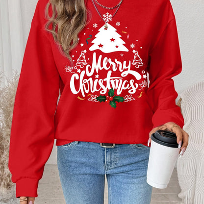 Women's Red Christmas Tree & Lettering Sweater - Cozy Winter Pullover with Round Neck Long Sleeve, Thickened Sweating-Reducing Blouse for Xmas Party Outfits, Family Gatherings (Machine Washable, Autumn/Winter Clothing)
