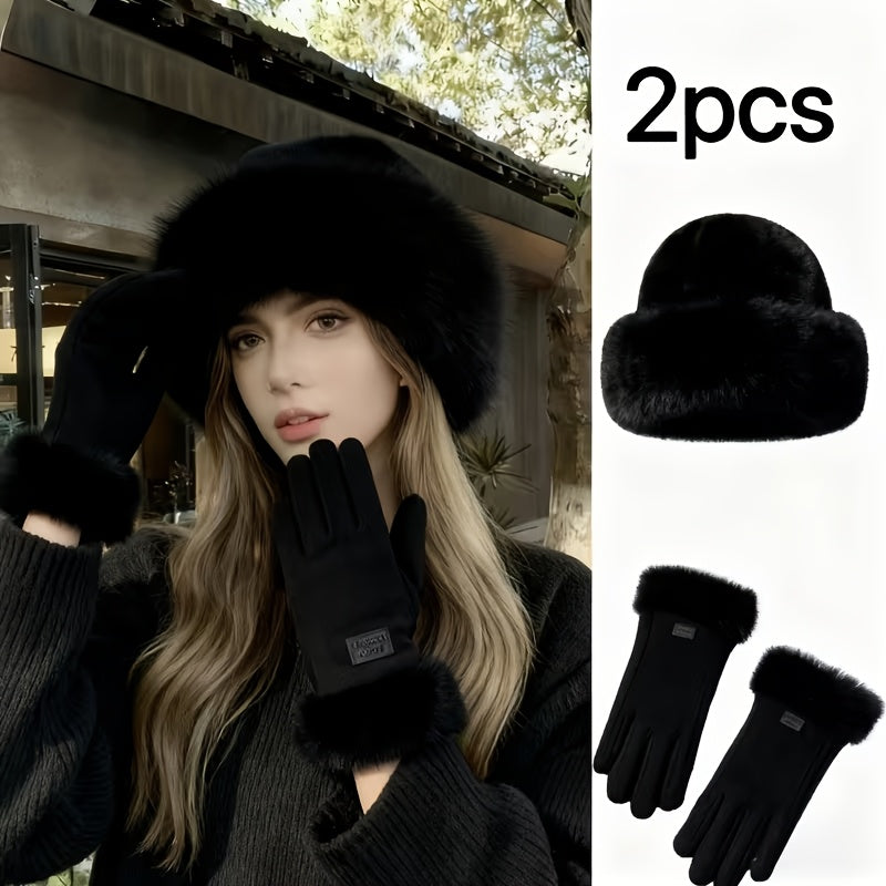 Women’s Autumn/Winter Thermal Gloves and Plush Fisherman Hat Set