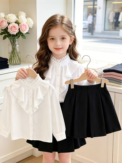 Girls' Autumn Skirt Set - Elegant Button Blouse & Pleated Skirt