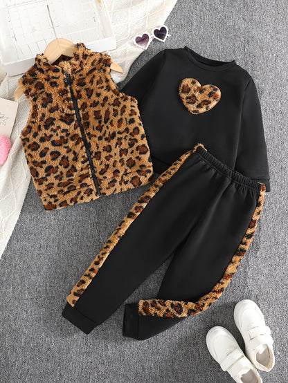 Girls 3-Piece Heart Pattern Fall/Winter Casual Set - ayq