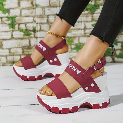 Women's Platform Wedge Sandals with Thick Sole  Ankle Strap Metal Buckle - Open Toe Summer Casual Shoes, White  Black Faux Cover, Cushioned Insole for All-Day Comfort