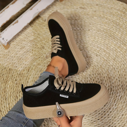 Women's Casual Lace-Up Shoes, Low-Top Round Toe, Black PVC Sole