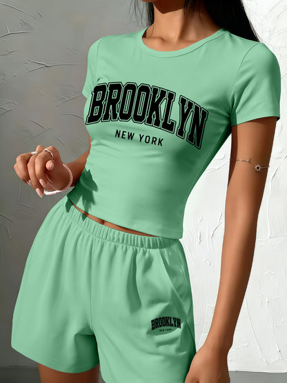 Women's Casual Slim Fit Brooklyn Print Tee & Shorts Set