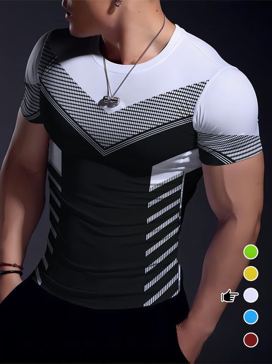 Men'S Geometric-Pattern Sports T-Shirt, Polyester Blend, Crew Neck, High Stretch, Short Sleeve, Quick-Dry, Tear-Resistant, Knit Fabric, Skinny Fit, with 3D Heat Sublimation for Running, Yoga, Training, Hiking, Casual & Athlet
