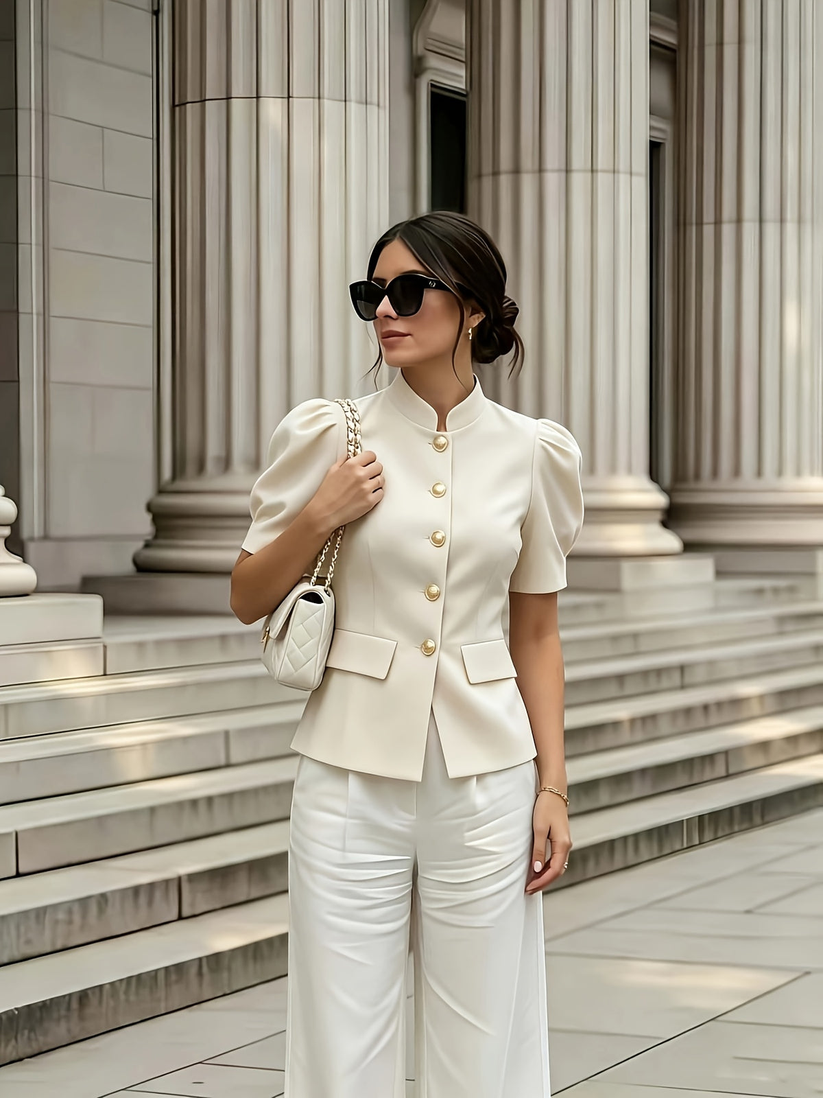 Elegant Women's Solid Color Puff Sleeve Short Jacket - ayq