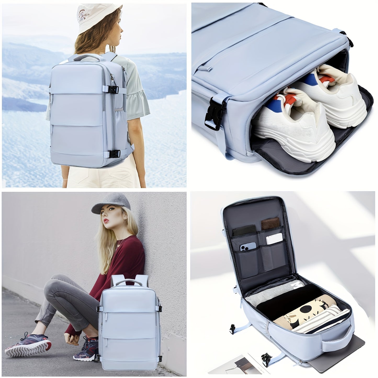 Airline-Approved 38.1cm Laptop Travel Backpack for Women, Light Blue Polyester with Adjustable Straps, Shoe Compartment & USB Charging Port - Ideal for School & Work Trips, Laptop Bag