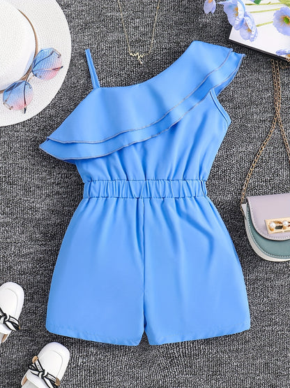 Girls White Rompers One Shoulder Ruffles Jumpsuits Մանկական ամառային հագուստ