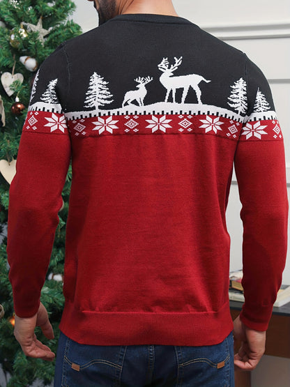 Men's Red/White/Navy Blue Christmas Sweater Sweater Vest-like Long Sleeve Pullover - Reindeer & Pine Tree Pattern, H-Fit Winter Party Outfit, Machine Washable Holiday Sweater for Xmas (No Belt/Tie)