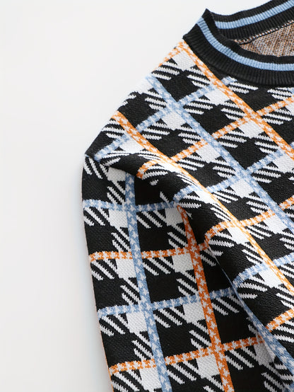 Men's Fashion Geometric Jacquard Plaid Knit Pullover
