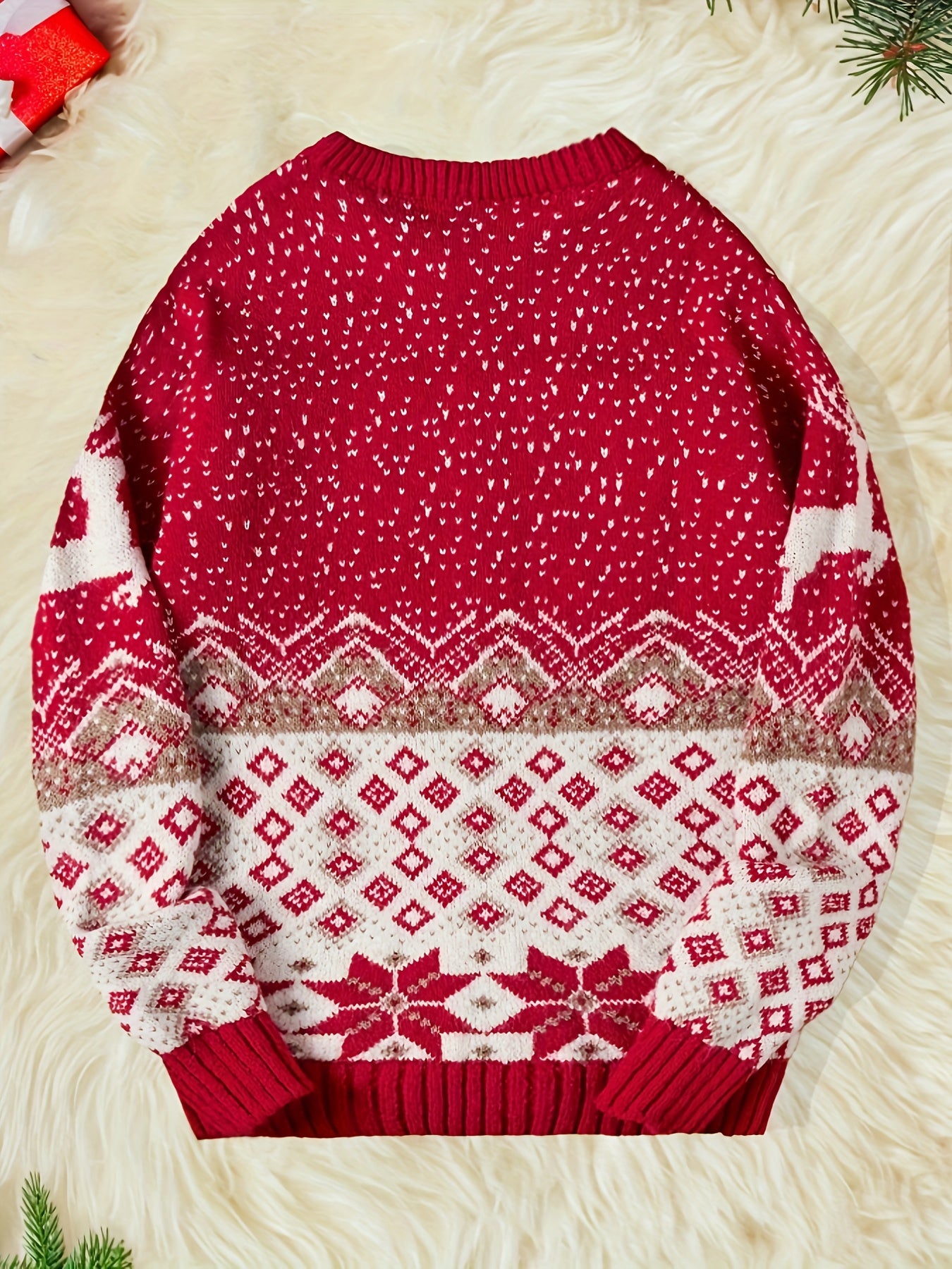 Men's Red & White Nordic Winter Knit Sweater with Reindeer & Snowflake Patterns - Soft Round Neck Long Sleeve Christmas Sweater for Men, Cozy Casual Winter Sweater for Holiday Parties & Casual Attire, Hand Washable, Festive S