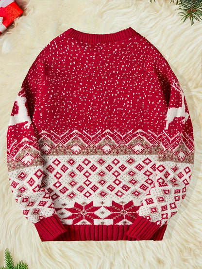 Men's Red & White Nordic Winter Knit Sweater with Reindeer & Snowflake Patterns - Soft Round Neck Long Sleeve Christmas Sweater for Men, Cozy Casual Winter Sweater for Holiday Parties & Casual Attire, Hand Washable, Festive S