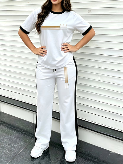 Women's Color-Block Casual Two-Piece Set with Wide-Leg Pants