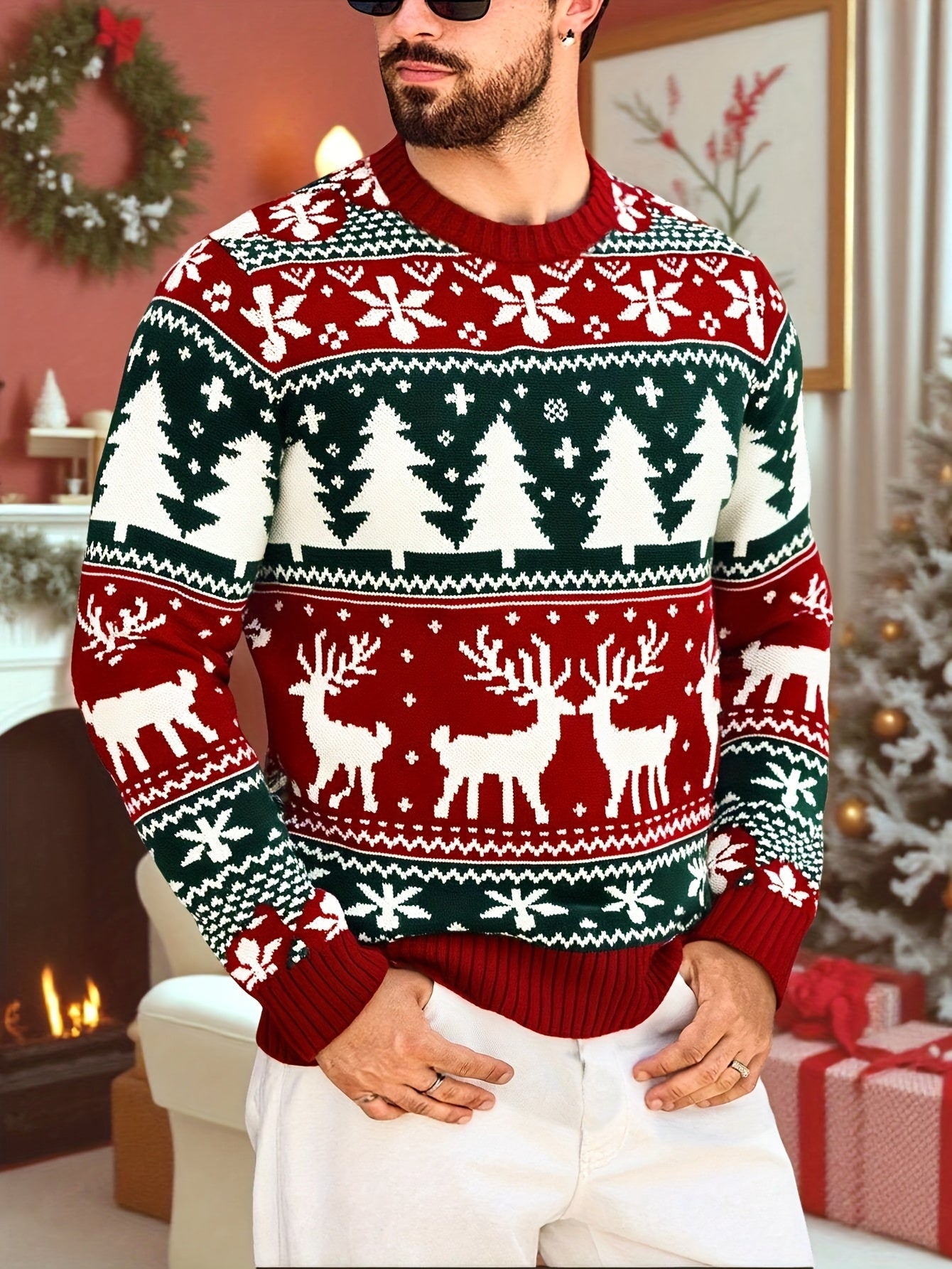 Christmas Theme Knitted Sweater | Warm and Comfortable, Ideal for Self-Wear or Gifting, Crew Neck, Long Sleeve, Acrylic Material, Fall/Winter Season