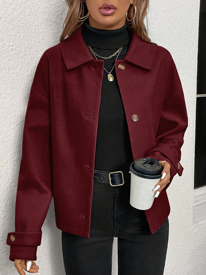 Women'S Burgundy Coat - Structured H-Silhouette Blazer, Button-Front Closure, Non-Stretch Fabric for Fall/Winter, Office, Party, Everyday Outfits - Chic Outerwear Jacket, Party Attire, Asymmetric Hemline, Elegant Design