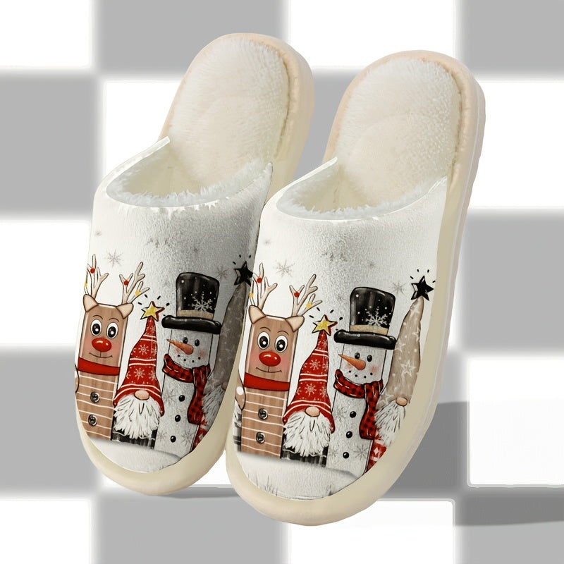 Christmas Snowman Reindeer Gnome Plush Lined Home Slippers, Soft and Beige-Friendly, Couples' Cozy Holiday Atmosphere with Christmas Elements, Holiday Slippers, Festive Pattern, Soft Fabric, Comfortable Cushioning, Couple Sli