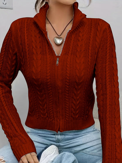 Women's Elegant Zip-Up Cable Cardigan with Stand Collar - Machine Washable Spring/Fall Jacket, White Solid Color, Braided Design & Zipper Front for Casual or Dressy Outfits, Cardigan Sweater, Autumn Layering Piece, Spring Out