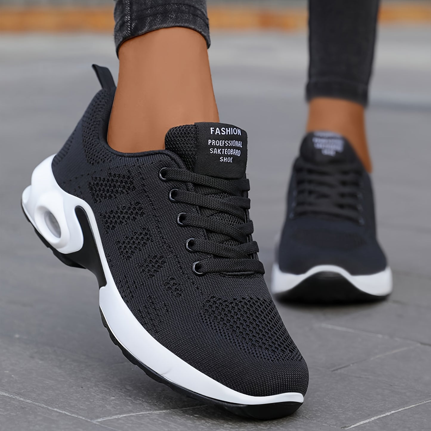 Women's Breathable Knit Running Shoes with Air Cushion - Lightweight Casual Sneakers, Black Mesh Upper, Comfortable Low-Top Design for All-Day Wear