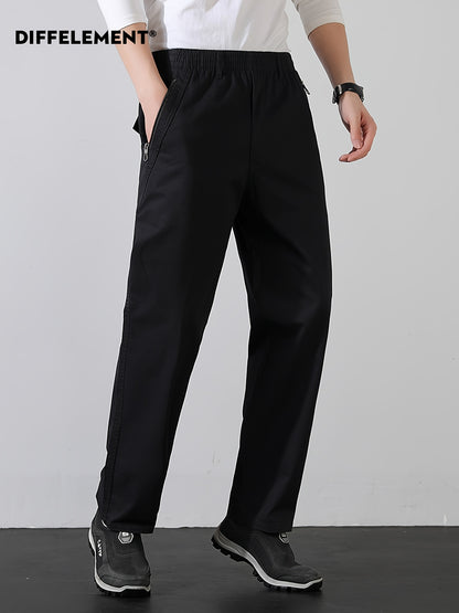 Men's Cotton Casual Trousers with Elastic Waist and Zipper Pockets