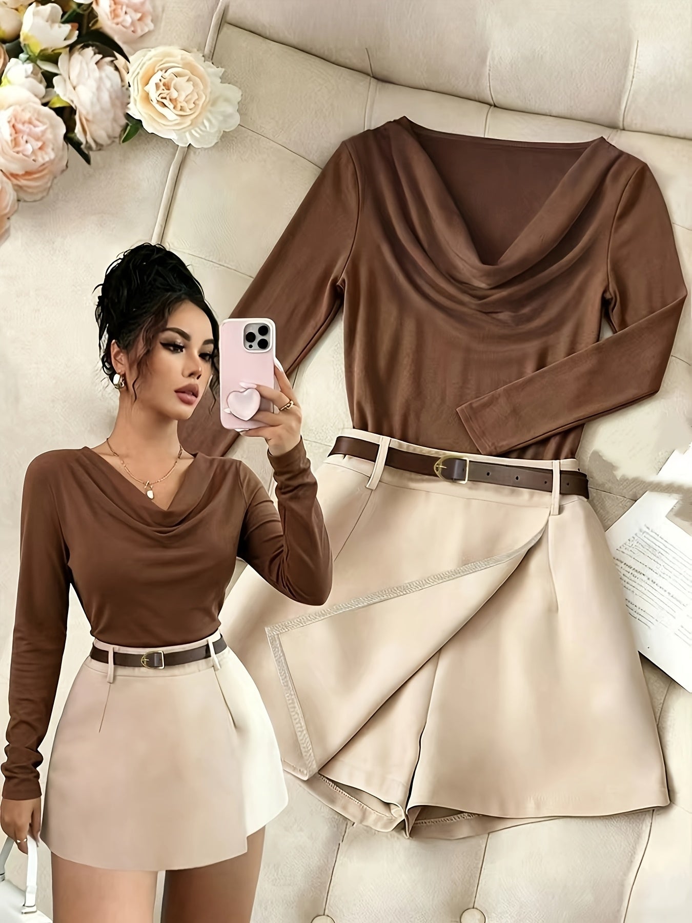 Elegant Autumn Top and Shorts Set with Belt for Women