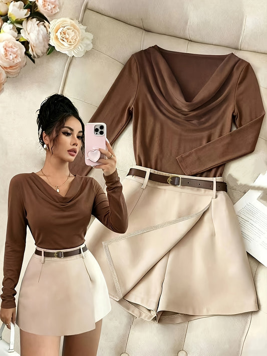 Elegant Autumn Top and Shorts Set with Belt for Women