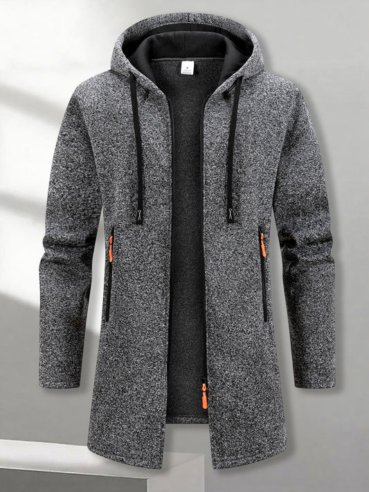Men's Casual Mid-Length Hooded Jacket, Retro Fashion Street Style Sweatshirt Coat for Autumn/Winter Solid Color Warm Cardigan with Contrast Zipper Pocket Design Suitable for Daily Leisure, Sports, Gym and Trekking, Sports Act