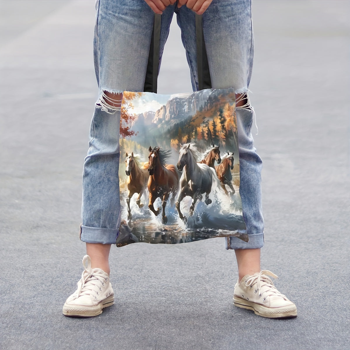 Dynamic Horse Print Handbag - Large Capacity, Durable Polyester Handbag with Fixed Black Strap for Work,, Shopping - 39.98x34.9cm