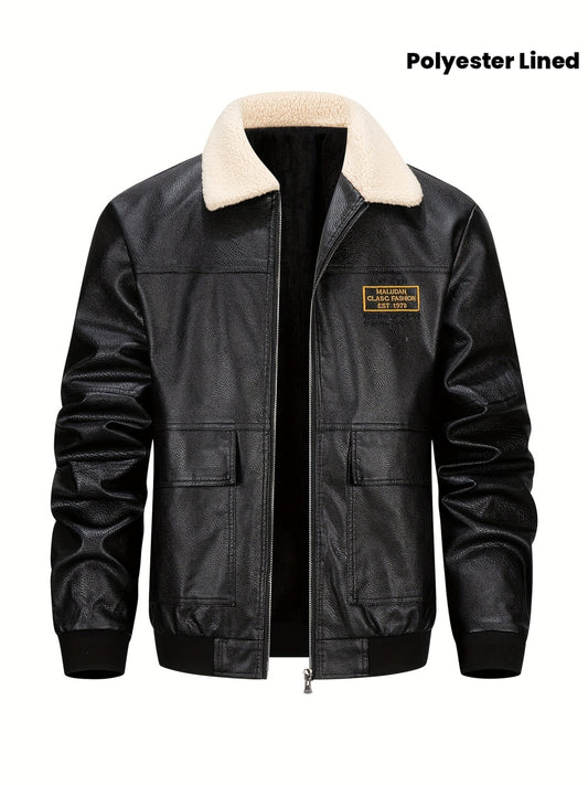 Men'S Faux Leather Bomber Jacket with Fleece Lining - Casual Motorcycle Style, Zip-Up, Long Sleeve, Drop Shoulder, Polyester Lining, Regular Fit, Outdoor & Hiking Wear, Outdoor Jacket | Bomber Jacket | Polyester Lined Jacket