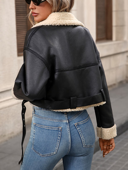 Կանացի աշուն/ձմեռ փողոցային ռետրո ոճի գոտիով, կայծակաճարմանդով, հաստ, կարճ արհեստական ​​գառան մորթուց վերարկու