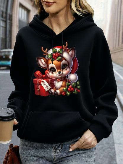 Women's Christmas Deer & Reindeer Print Hoodie - Cozy Winter Pullover Sweatshirt with Cute Deer Headband-Like Hood, Slim-Fit Casual Jacket for Holiday Parties, Xmas Outfits & Cold Weather (Machine Washable), Fall Clothes For