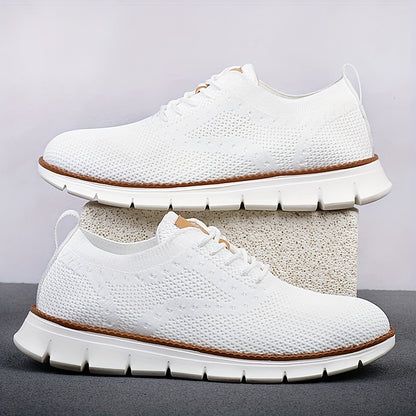 Men's Breathable Knit Business Casual Shoes - Beige with Brown Accents, Lace-Up, EVA Sole, Round Toe, Versatile for All Seasons, Dressy Shoes