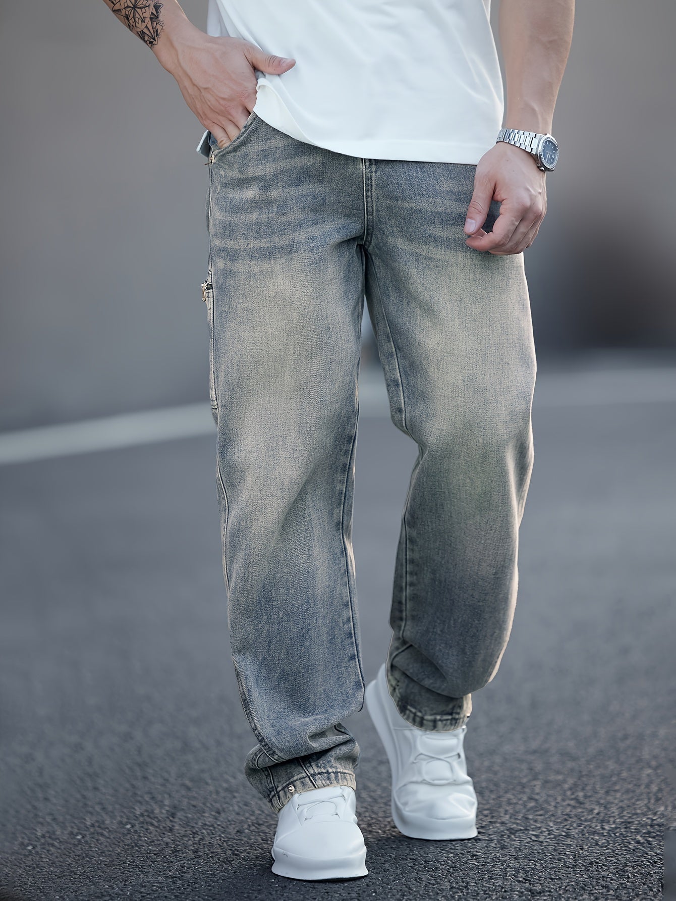 Men's Fashionable Washed Denim Wide-Leg Pants, Comfortable High-End Casual Trousers for All Seasons, Autumn-Winter, Versatile