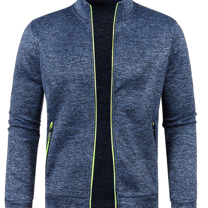 Men's Stand Collar Jacket - Full-Zip Casual Athletic Coat, Light Grey with Lime Accents, Zippered Front Closure for Gym, Office, Everyday - Machine Washable Outerwear, Gym Wear, Sporty Design, Smooth Texture, Lightweight Coat