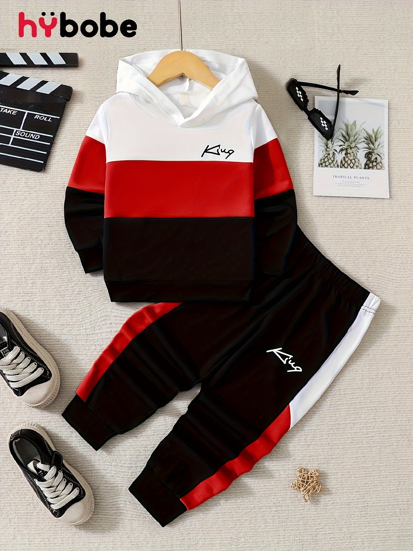 2 հատ տղայի «Թագավորական» նախշերով գլխարկով հանդերձանք, ոճային գունային բլոկներով կարված գլխարկի և տաբատի հավաքածու, մանկական հագուստ աշուն/ձմեռ բացօթյա հագուստի համար, որպես նվեր