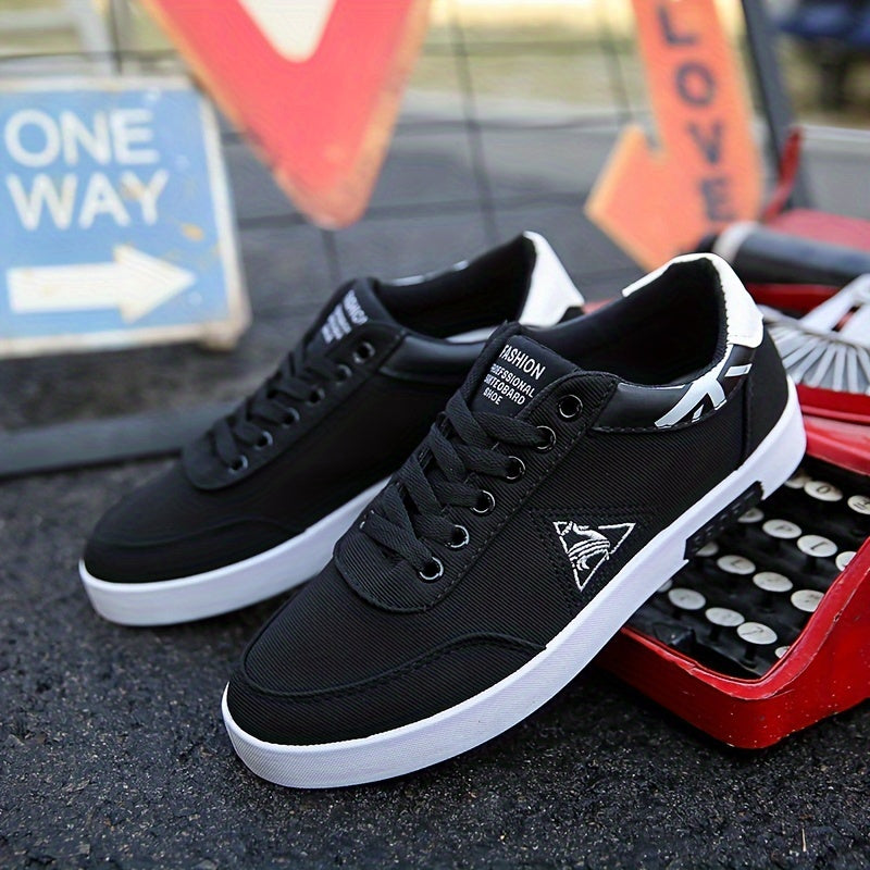 Men's Retro Breathable Canvas Sneakers - Comfortable, Non-Slip Rubber Sole Walking Shoes, Casual Low-Top Lace-Up Design with Triangular Logo, Black & White Accents, Durable PU Upper for Casual Attire