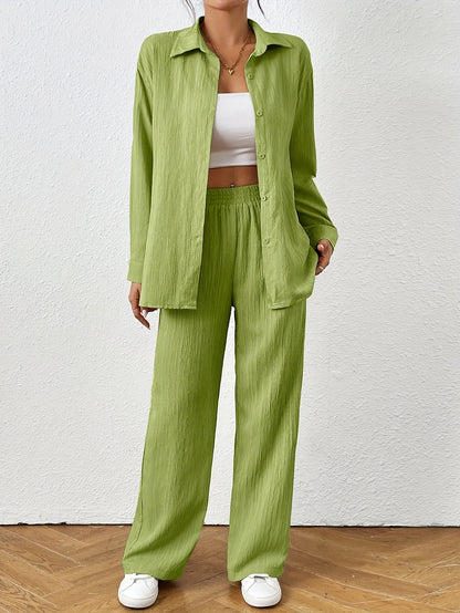 2pcs Women Spring & Autumn Casual Solid Color Long Sleeve Shirt And Pants Set