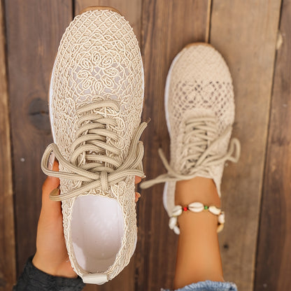Women's Summer Solid Color Lace-Up Mesh Casual Shoes, Breathable Fabric with Rubber Sole, Net Fabric