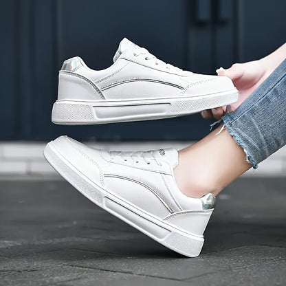 Women'S Fashion Sneakers, Low Top Lace-Up Sports Shoes, Solid Color with Glitter Embellishment, Lightweight All-Season Casual White Trainers, Durable EVA Sole, Fabric Inner & Insole, Microfiber Upper - Positioning Printing