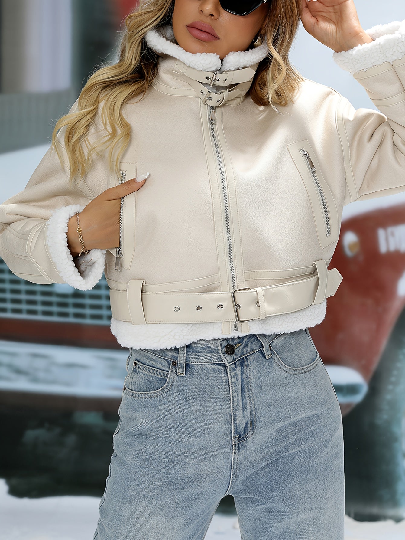 Աշնանային ձմեռ կանացի տաք, հաստ, արհեստական ​​գառան մորթուց կաշվե բաճկոն՝ գոտիով փողոցային վերարկուով