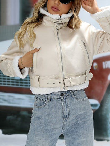 Աշնանային ձմեռ կանացի տաք, հաստ, արհեստական ​​գառան մորթուց կաշվե բաճկոն՝ գոտիով փողոցային վերարկուով