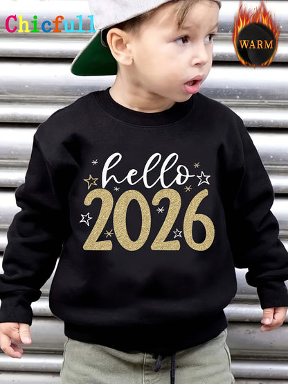 CHICFULL Boys' Hello 2026 New Year's Eve Party Sweatshirt - Glittery Golden Lettering & Number Print, Thickened Warm Round Neck Pullover, All-Season Casual Sweater for 2025-2026 Birthday Celebrations & Casual Attire, Machine