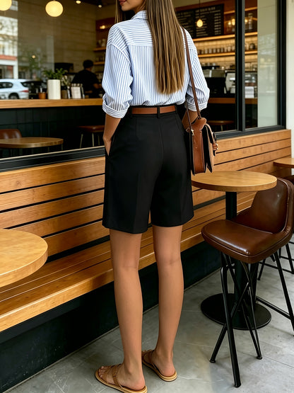Women's High Waist Elegant Bermuda Shorts, Wide Leg, Slim Fit