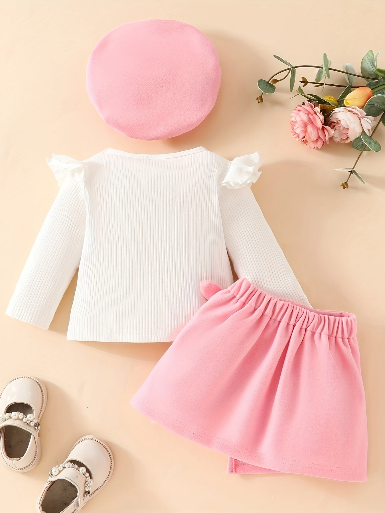 Honey Style Knitted Fabric Crew Neck Long Sleeve T-Shirt with Solid Color Flared Skirt and Beret Set for - Bow Detail Knee High Medium Stretch Fall/Winter Outfit