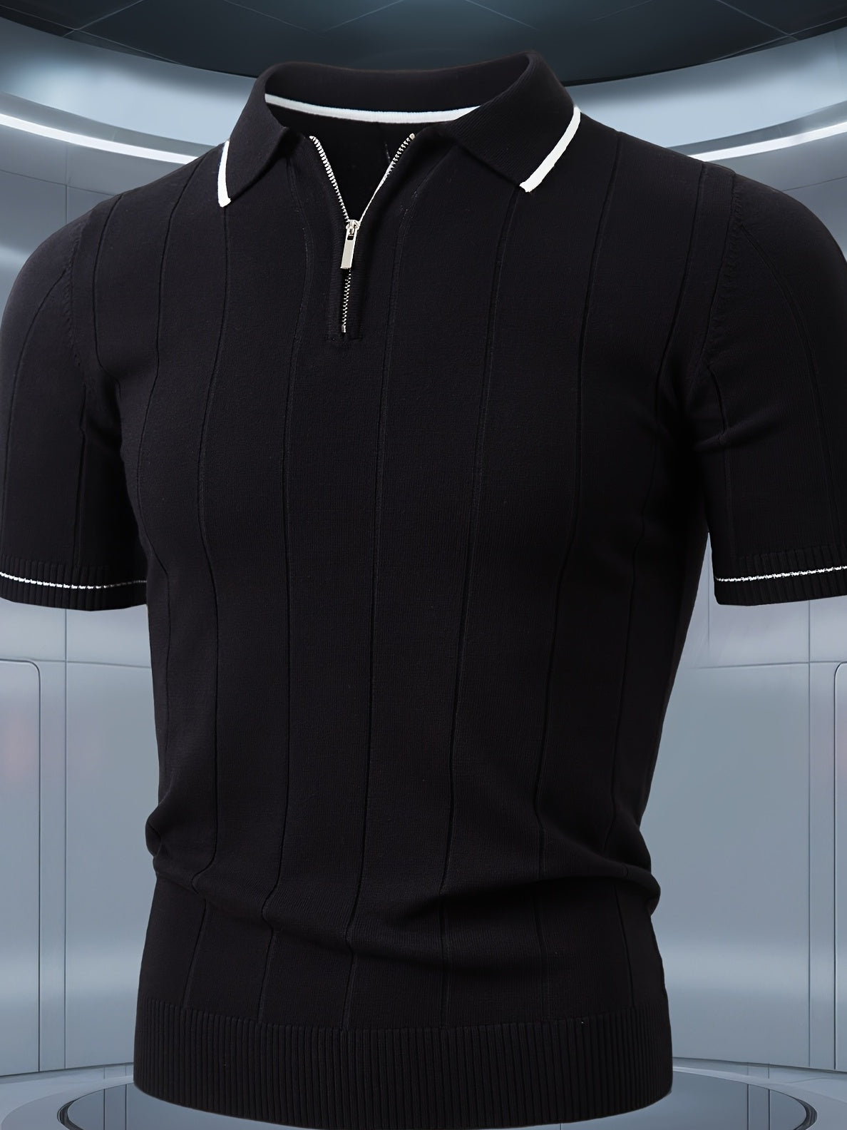 Men's Knitted Polo Shirt with Classic Vertical Stripes - ayq