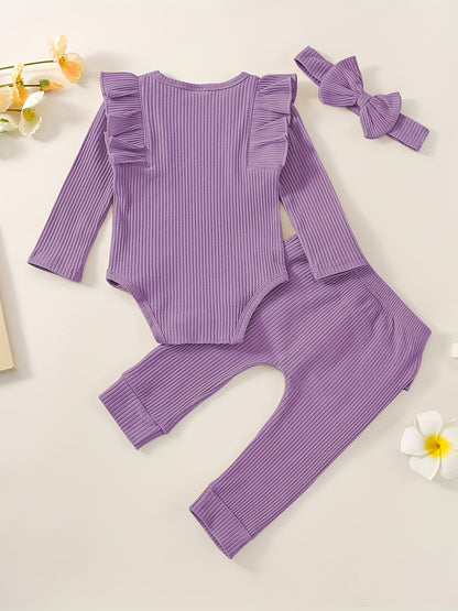 3pcs Baby Girl Outfit Set, Cute Ribbed Ruffle Long Sleeve Romper & Pants, 95% Cotton 5% Spandex, Crew Neck Pullovers, Solid Color, Regular Fit, No Belt, Fall/Winter Knit Fabric, 0-18 Months, for Outdoor